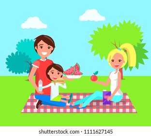 Picnic of family in summer park, happy parents and kid, eating cheeseburger, drinking water, father holding watermelon slices, vector illustration