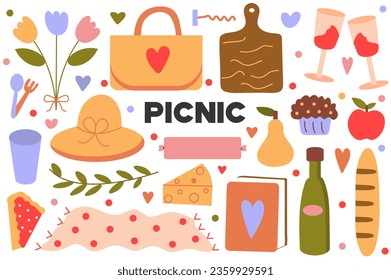 Picnic flat cartoon set. In this picture you can find everything for a successful picnic: delicious food, beautiful dishes, and other elements. Vector illustration.