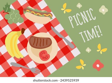 Picknick-Flat-Play. Vektor-Cartoon-Illustration von BBQ-Party-Poster mit gegrilltem Fleisch, Obst, Schachbrettplaid. Barbecue Banner mit Text Party Zeit. Vorlage für Anzeigen, Karte, Einladung, Design Art Grafik