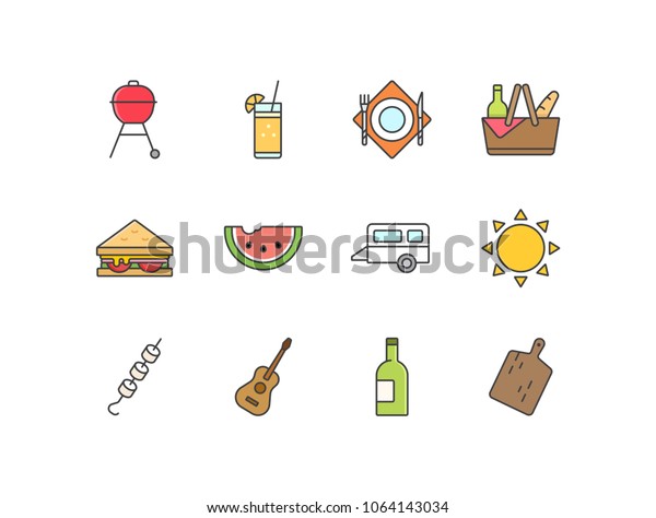 Picnic flat line colored icons set\
bbq grill, juice, tableware, basket, sandwich, watermelon, caravan,\
sun, roasted marshmallows, guitar, wine, cutting\
board.