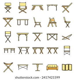 Picnic folding furniture icons set. Outline set of picnic folding furniture vector icons thin line color flat on white