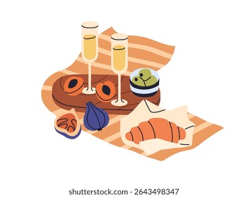 Picnic food with alcohol drink and food, snacks. Outdoor eating with champagne in wineglasses, croissant, fruits, served on blanket and board. Flat vector illustration isolated on white background