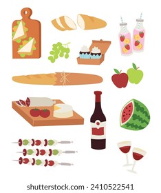 Picnic food assortment set. Wine, fruits, cheese plate, baguette, skewers. Vector illustration of summer outdoor eating.