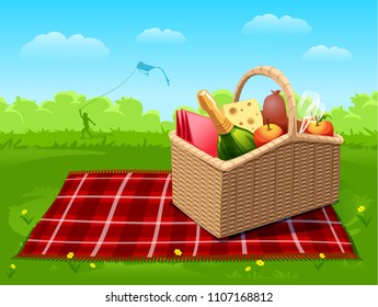 Picnic food basket in filed natural