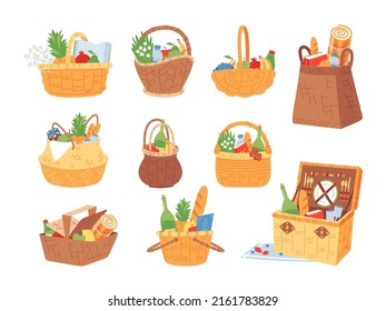 Picnic food basket. Fruits and water for romantic date or friends party on nature. Cartoon wicker hampers collection, wood summer camp box classy vector set