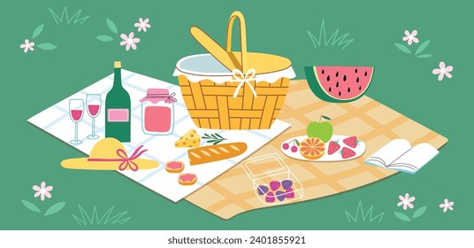 Composición de comida picnica. Cesta de mimbre, mantas en claro verde, almuerzo romántico al aire libre, sandía, vino y baguette, concepto vectorial.eps
