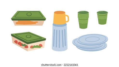 Picnic food in containers, disposable plastic plates and cups. Thermos with tea or water beverage. Eating outdoors on nature. Vector in flat cartoon style