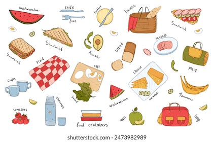 Picnic food and drink. Big set of elements for a picnic in nature or in the park. Doodle style. Hand drawing. Vector