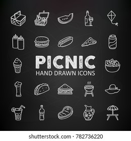 Picnic food and drink hand drawn doodle icons set with basket, watermelon, wine, sandwich, pizza, bbq, lemonade, ice cream. Illustration on the chalkboard background.