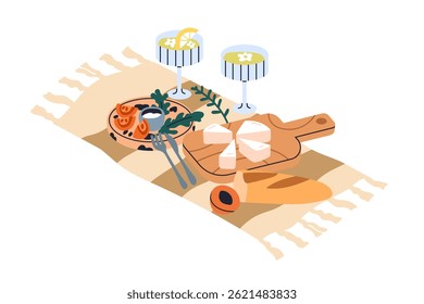 Picnic food and drink on cloth. Outdoor summer setting with cocktail in glass, snack, baguette, bread, cheese on board, serving for eating out. Flat vector illustration isolated on white background