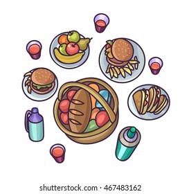Picnic food and drink set. Outdoor picnic objects: sandwich, vegetable, fruit and bread. Vector isolated iIlustration on white background