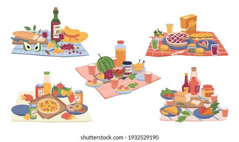 Comida y bebida picnic, botella de vino, tentempiés, frutas y verduras aisladas de dibujos animados planos conjunto. Toallas vectoriales con verduras frescas, bebidas alcohólicas, queso, sándwiches de pizza y pan de panadería