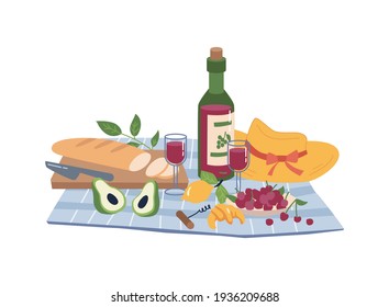 Picnic food and drinks, bottle of wine, cut bread on wooden board with knife, avocado and cherries, woman hat. Vector checkered napkin with open red wine, pair of glasses and screw opener