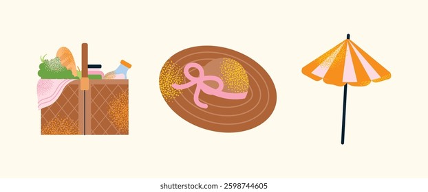 Picnic food and drinks with fruits, bread, and beverages. Flat vector illustration of picnic basket, cake, cheese board, and umbrella with decorative flowers and leaves. Summer picnic concept