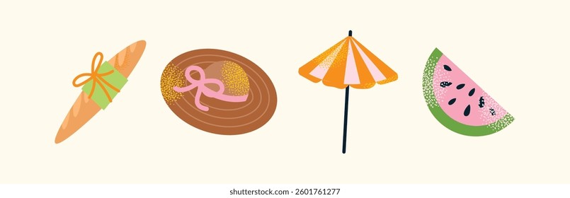 Picnic food and drinks with fruits, bread, and beverages. Flat vector illustration of picnic basket, cake, cheese board, and umbrella with decorative flowers and leaves. Summer picnic concept