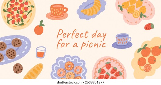 Picnic food and drinks on light background. Cherry tart, croissant, citrus fruits, cookies, tea cups, bread. Summer weekend lunch outdoors. Flat colorful vector illustration.