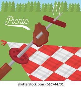 picnic food grilled checkered tablecloth meadow