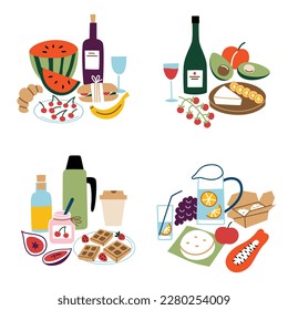 Composiciones de comida picnic, colección de alimentos y bebidas para comidas al aire libre, ilustraciones vectoriales de vino, pan, frutas, limonada para comer al aire libre, desayuno romántico para vacaciones de verano