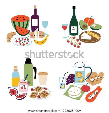 Picnic food hand drawn compositions, collection of food and drinks sets for outside meal, vector illustrations of wine, bread, fruits, lemonade to eat outdoors, romantic breakfast for summer vacation