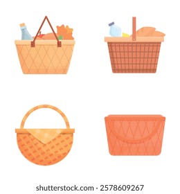 Picnic food icons set cartoon vector. Picnic basket filled with various product. Summer rest