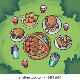 Picnic food in the meadow. Flat cartoon outdoor meal set. Different dishes. Top view background. Vector Illustration.