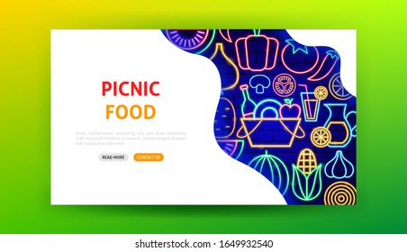 Picnic Food Neon Landing Page. Vector Illustration of Vegetables Promotion.