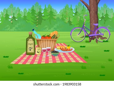 Picnic Food On Grass In Park Cartoon Illustration. Straw Basket With Olives, Wine, Sausages On Blanket. Forest, Bike In Background. Summer, Outdoor Dinner, Recreation, Party Concept.