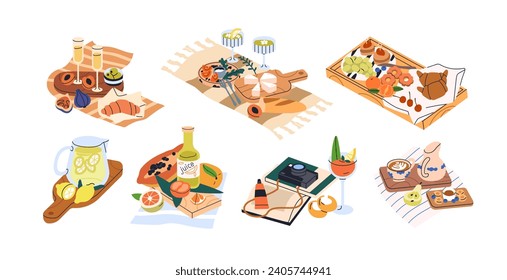 Picnic food set. Summer snacks and drinks. Fruits on tray, cheese on board, lemonade, juice, alcohol cocktail, croissant for eating outdoors. Flat vector illustrations isolated on white background