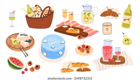 Picnic food set. Summer snacks and drinks. Fruits on tray, cheese on board, lemonade, juice, cocktail, fruits, croissant for eating outdoors. Flat vector illustrations isolated on white background