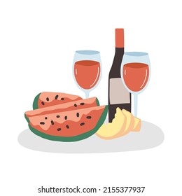 A picnic food set. Wine, watermelon, melon for a date. Vector illustration of yummy on a white background
