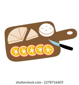 Picnic food and snacks icon, vector doodle illustration of wooden cutting board with cheese and oranges, ideas for eating outside, cheese plate, isolated colored clipart on white background