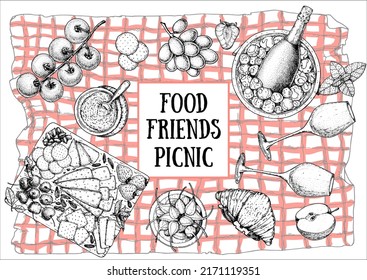 Picnic food top view. Hand drawn vector illustration. Food and drink sketch. Antipasti, wine and snacks for lunch or dinner. Food on picnic tablecloth top view.