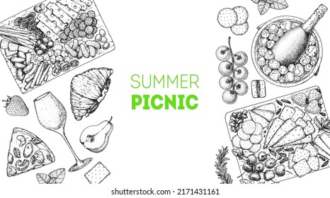 Picnic food top view. Hand drawn vector illustration. Food and drink sketch. Antipasti, pizza, sandwich, wine and snacks for lunch or dinner. Summer food top view.