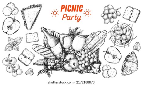 Picnic food top view. Hand drawn vector illustration. Picnic basket with bread, wine, grape, apple, cheese, tomatoes, salami. Food and drink sketch. Sandwich, fruits, snacks. Summer Food