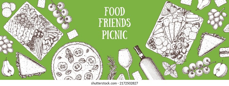 Picnic food top view. Hand drawn vector illustration. Food and drink sketch. Antipasti, pizza, sandwich, fruits, snacks for lunch or dinner. Summer Food top view frame.