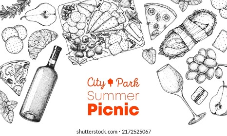 Picnic food top view. Hand drawn vector illustration. Food and drink sketch. Antipasti, pizza, sandwich, wine and snacks for lunch or dinner. Summer food top view.