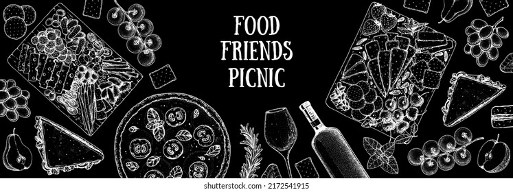 Picnic food top view. Hand drawn vector illustration. Food and drink sketch. Antipasti, pizza, sandwich, fruits, snacks for lunch or dinner. Summer Food top view frame.