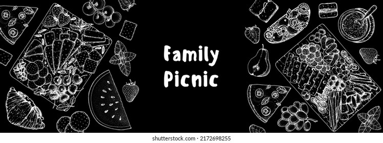 Picnic food top view. Hand drawn vector illustration. Food and drink sketch. Antipasti, pizza, sandwich, fruits, snacks for lunch or dinner. Summer Food top view frame.
