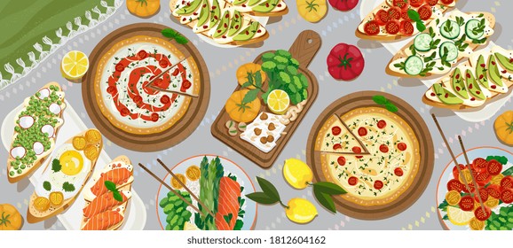 Picnic food top view. Outdoor served picnic on a plaid with pizza, crostini, toasts,  sandwiches, cheese, bruschetta, dish with rice and salmon. Vegetarian concept, horizontal vector  background