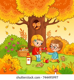 Picnic in the forest with children . Vector illustration with boy and girl who drink tea in cartoon style.
