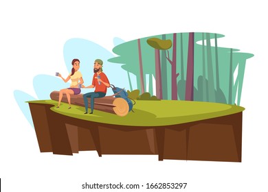 Picnic in forest flat vector illustration. Enamored couple cartoon characters sitting on log. Woodland scenery, landscape. Lunch in forest glade. Family leisure, summertime rest concept