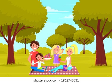 Picnic in forest or park in spring. Happy family with fresh fruits and ice cream. Group of people drinking and eating food outdoors. Parents with children having fun and relaxing in nature summertime