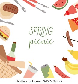 Picnic frame with copy space. Grill, basket, food, Burger, Fruits and gadgets square border. Summer outdoor holiday activity elements. Weekend bbq meal. Vector flat illustration with Space for text