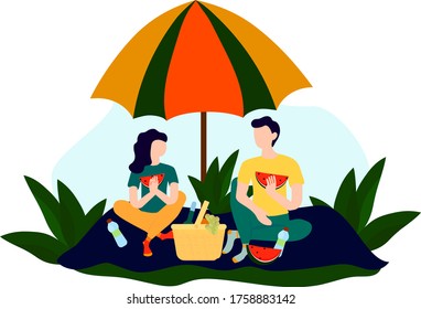 Picnic in the fresh air.Couple in nature. A man and a woman on a picnic. Vector illustration