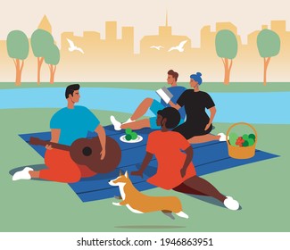 Amigos de picnic, parejas en la naturaleza. Ilustración de material vectorial plano. Picnic como almuerzo. Una manta sobre el césped. Hombres y mujeres con comida y guitarra. Los amigos descansan. Ilustración multicultural