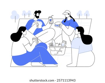 Picnic with friends isolated cartoon vector illustrations. Smiling people have fun on a picnic, eating tasty food together, close relationship, outdoor activities with friends vector cartoon.