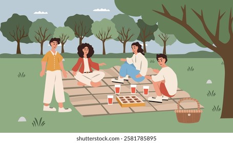 Picnic with friends. Playing with friends. Picnic in the park. Summer season. Spring season. Holiday time. Weekend holiday. Children book cover. Picnic blanket. Trees. Grass. Urban park. 