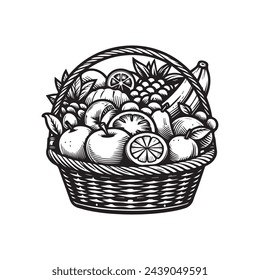 Picnic Fruit Basket Silhouette , Fruit Basket Vector icon
