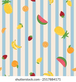 Picnic fruits seamless pattern, summer, vacation, cherry, lemon, orange, watermelon, pineapple, banana, strawberries vector hand draw, background, print, textile, fashion, fabric, wallpaper