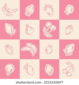 Picnic fruits seamless pattern, summer, vacation, cherry, lemon, orange, watermelon, pineapple, banana, strawberries vector hand draw, background, print, textile, fashion, fabric, wallpaper